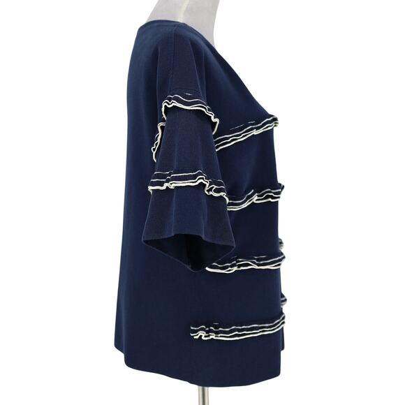 J Crew Top Womens Medium Navy Blue White Ruffle Sweater Cotton Knit Whimsy - Picture 11 of 12